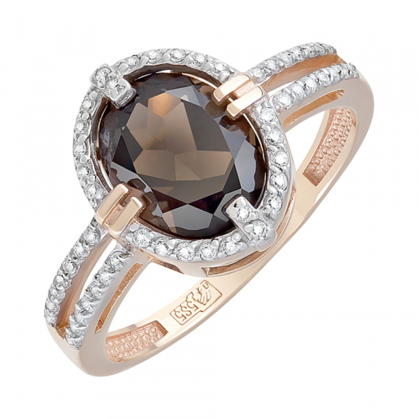 Золотое кольцо с раухтопазом и фианитом № 126989