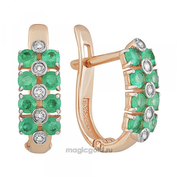 Золотые серьги с бриллиантом и изумрудом № 161999