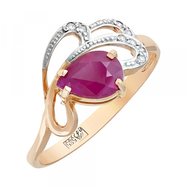 Золотое кольцо с бриллиантом и рубином № 84466