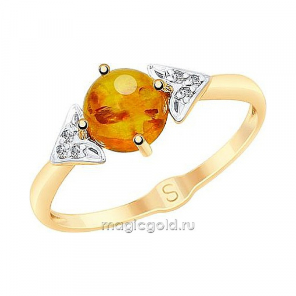 Золотое кольцо с янтарем и фианитом № 167114