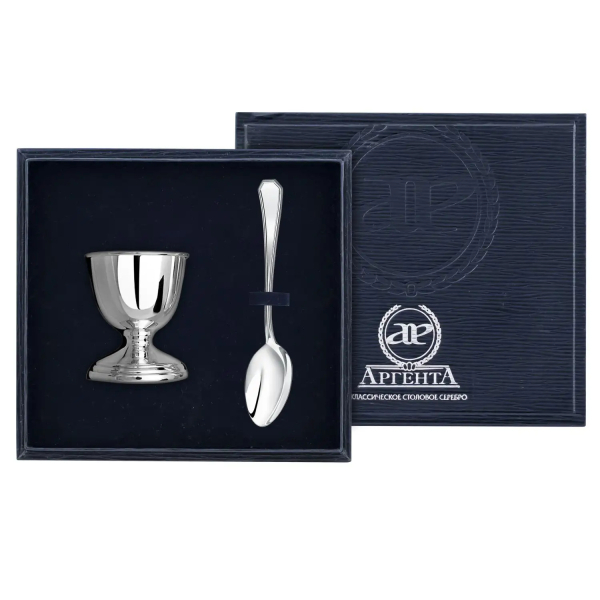 Набор для завтрака: ложка и подставка под яйцо в синем футляре из серебра 925 пробы