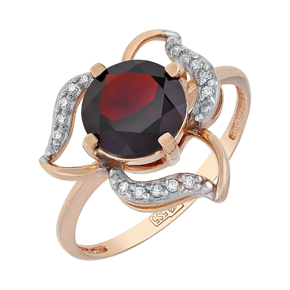 Золотое кольцо с гранатом и фианитом № 114616