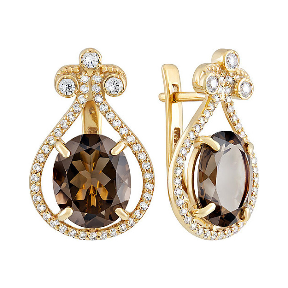 Серебряные серьги с раухтопазом, фианитом и золотым покрытием № 132635