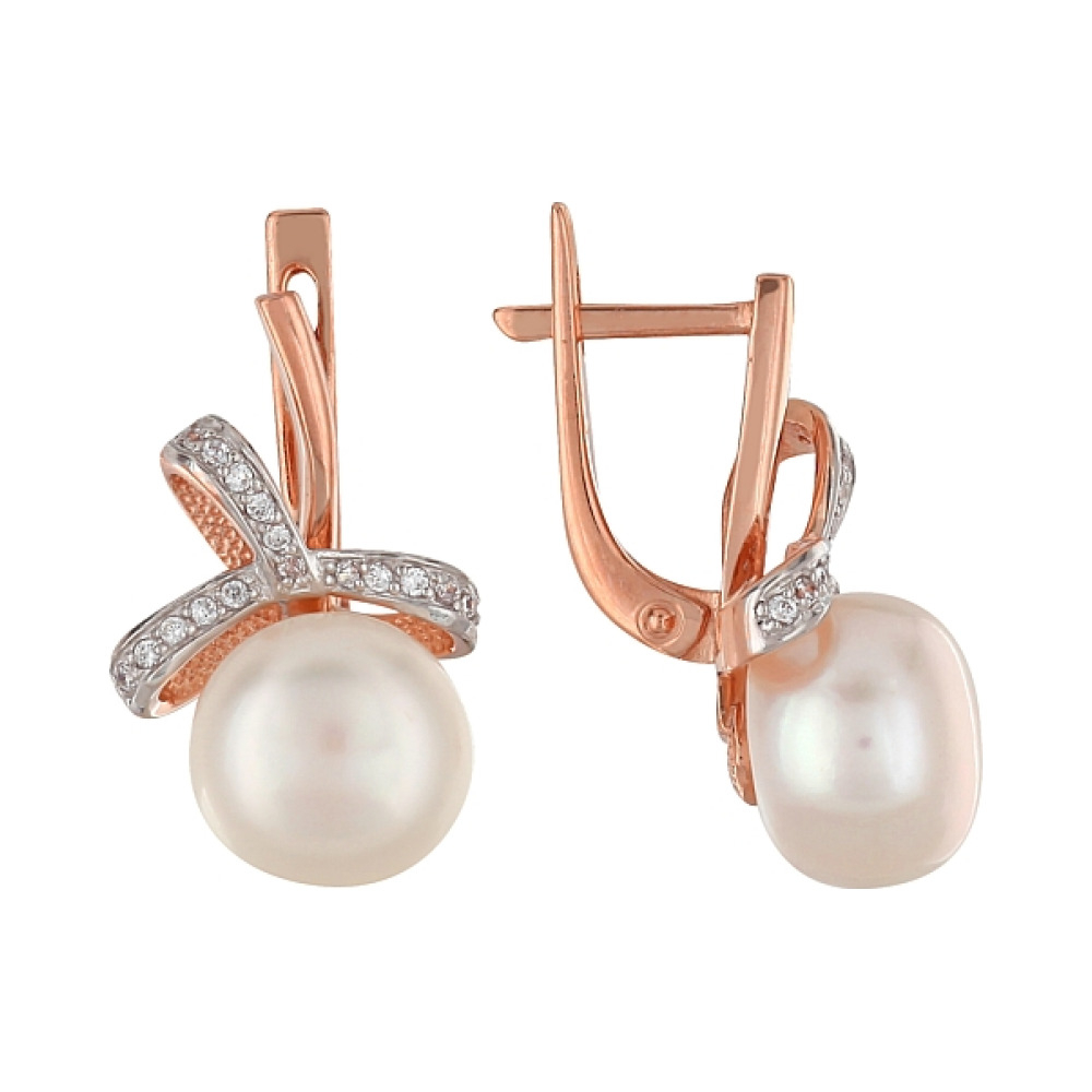 Золотые серьги с жемчугом и фианитом № 99630