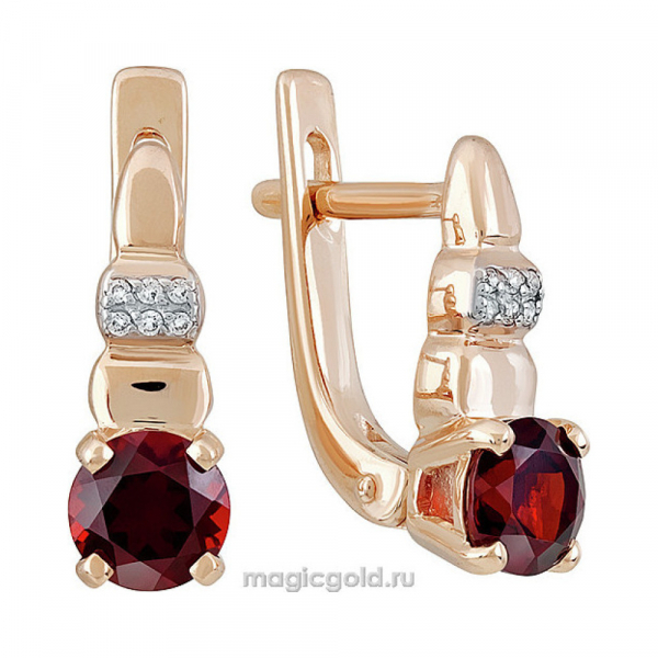 Золотые серьги с гранатом и фианитом № 142178