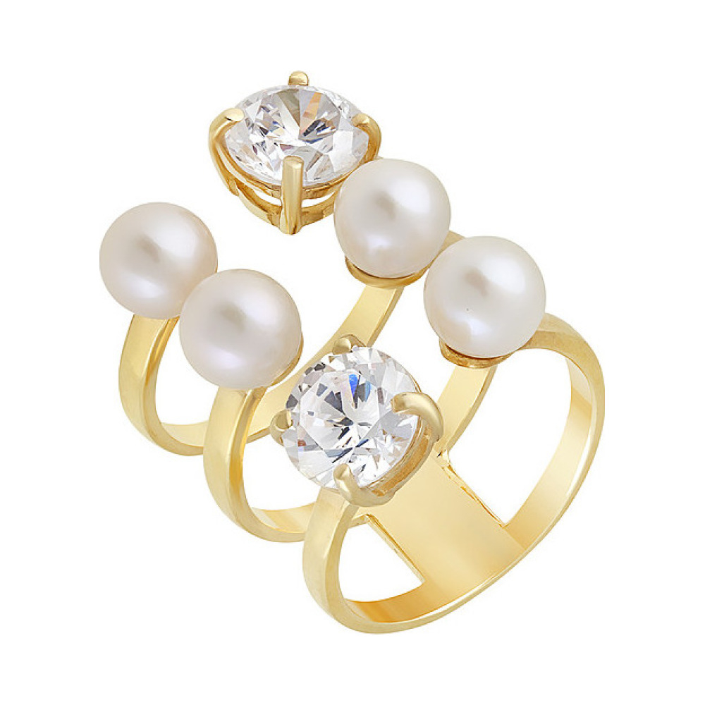 Серебряное кольцо с жемчугом, фианитом и золотым покрытием № 132370