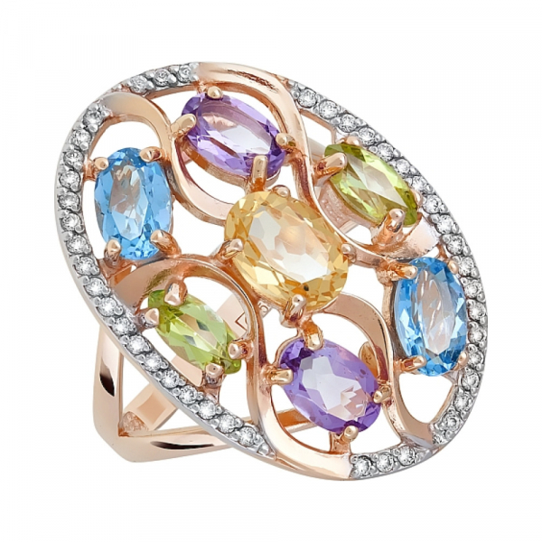 Золотое кольцо с полудрагоценными вставками и фианитом № 120984