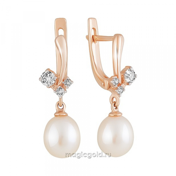 Золотые серьги с жемчугом и фианитом № 162382
