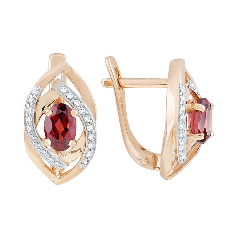 Золотые серьги с гранатом и фианитом № 119984