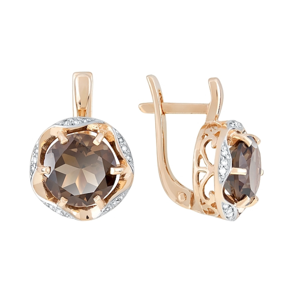 Золотые серьги с раухтопазом и фианитом № 119606