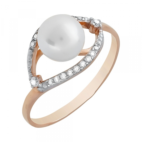 Золотое кольцо с жемчугом и фианитом № 115215