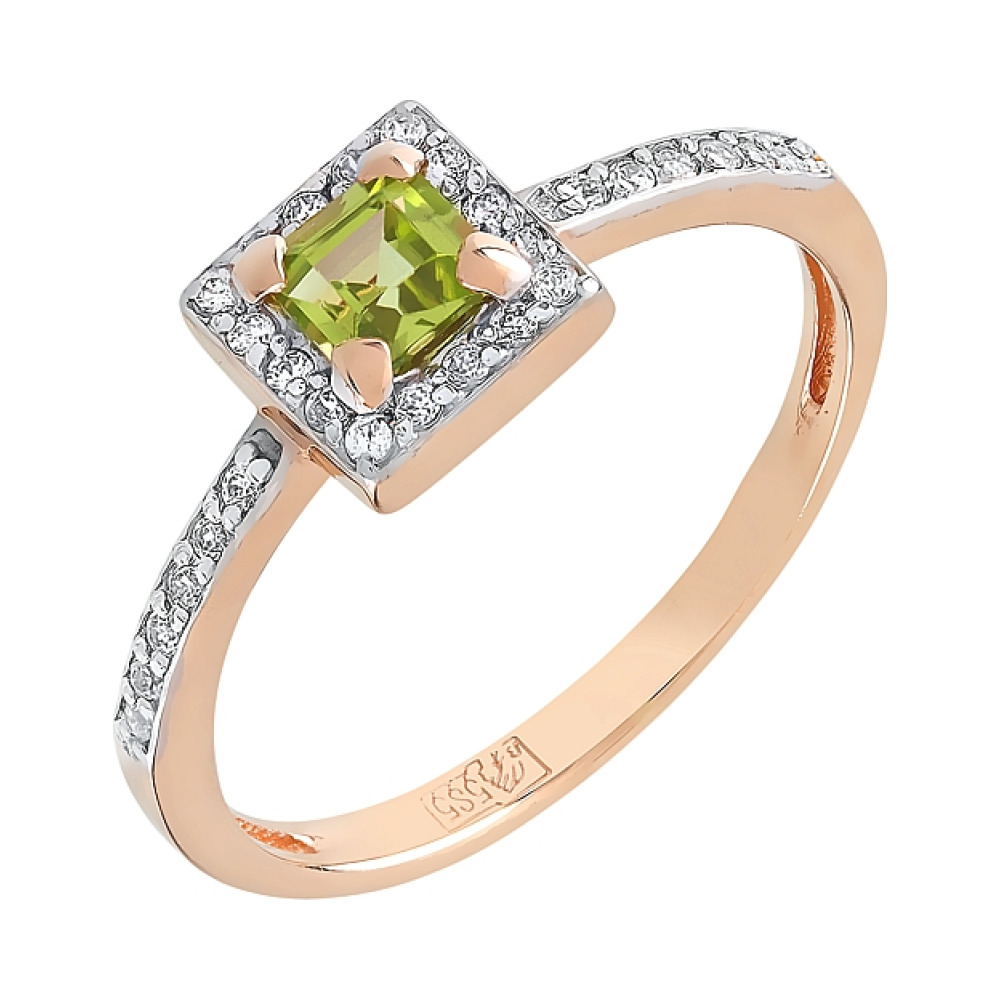 Золотое кольцо с хризолитом и фианитом № 112253