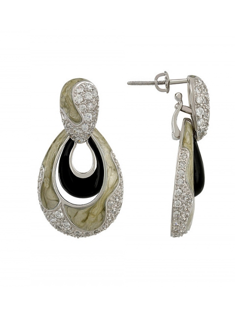 Серебряные серьги с фианитом и эмалью № 107153