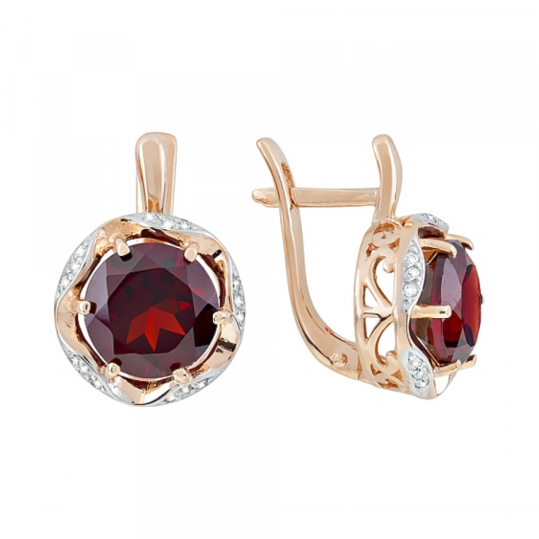 Золотые серьги с гранатом и фианитом № 119576