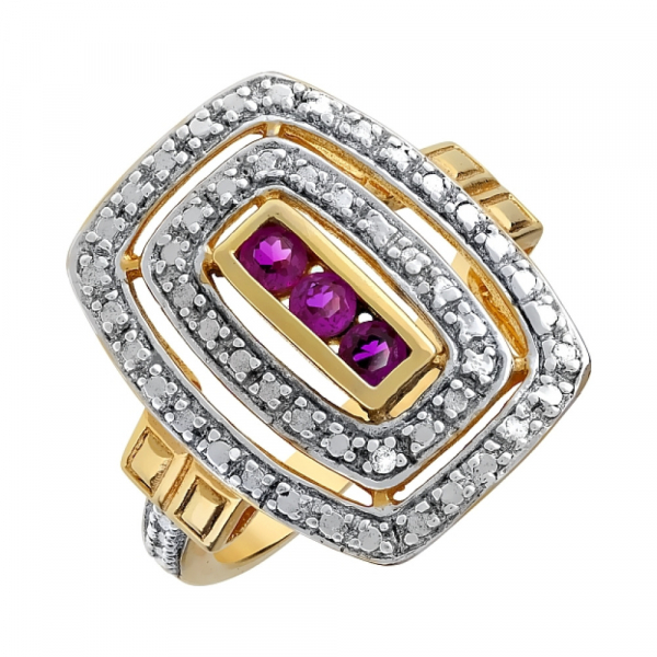 Серебряное кольцо с имитацией корунда, фианитом и золотым покрытием № 80546