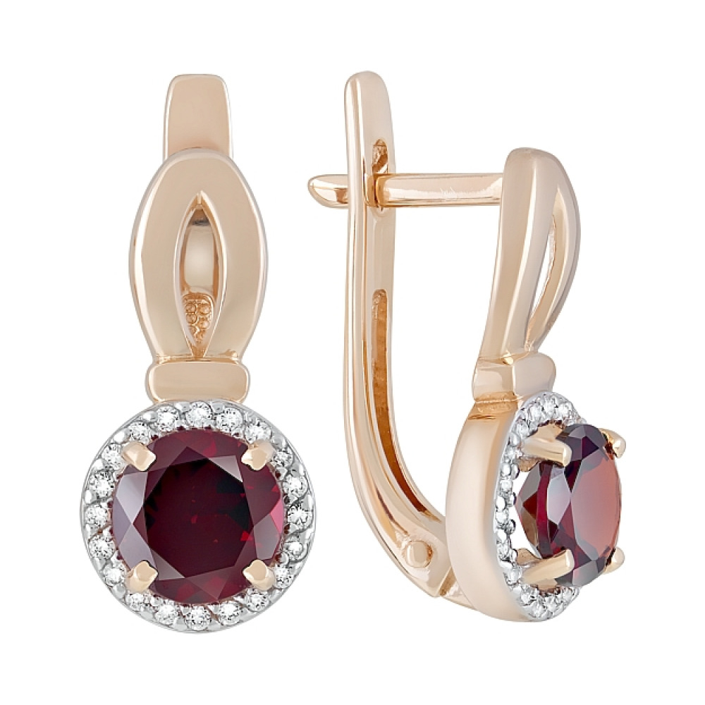 Золотые серьги с гранатом и фианитом № 121018