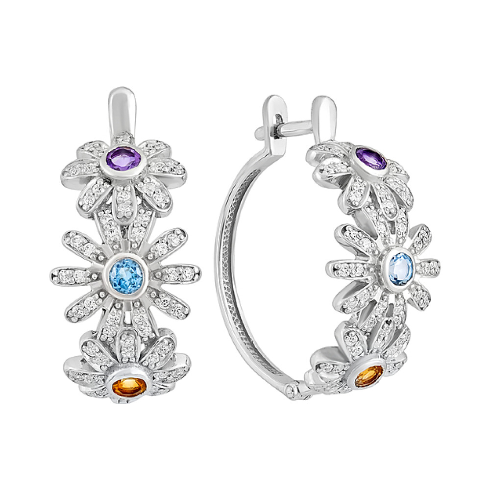 Серебряные серьги с полудрагоценными вставками и фианитом № 131485