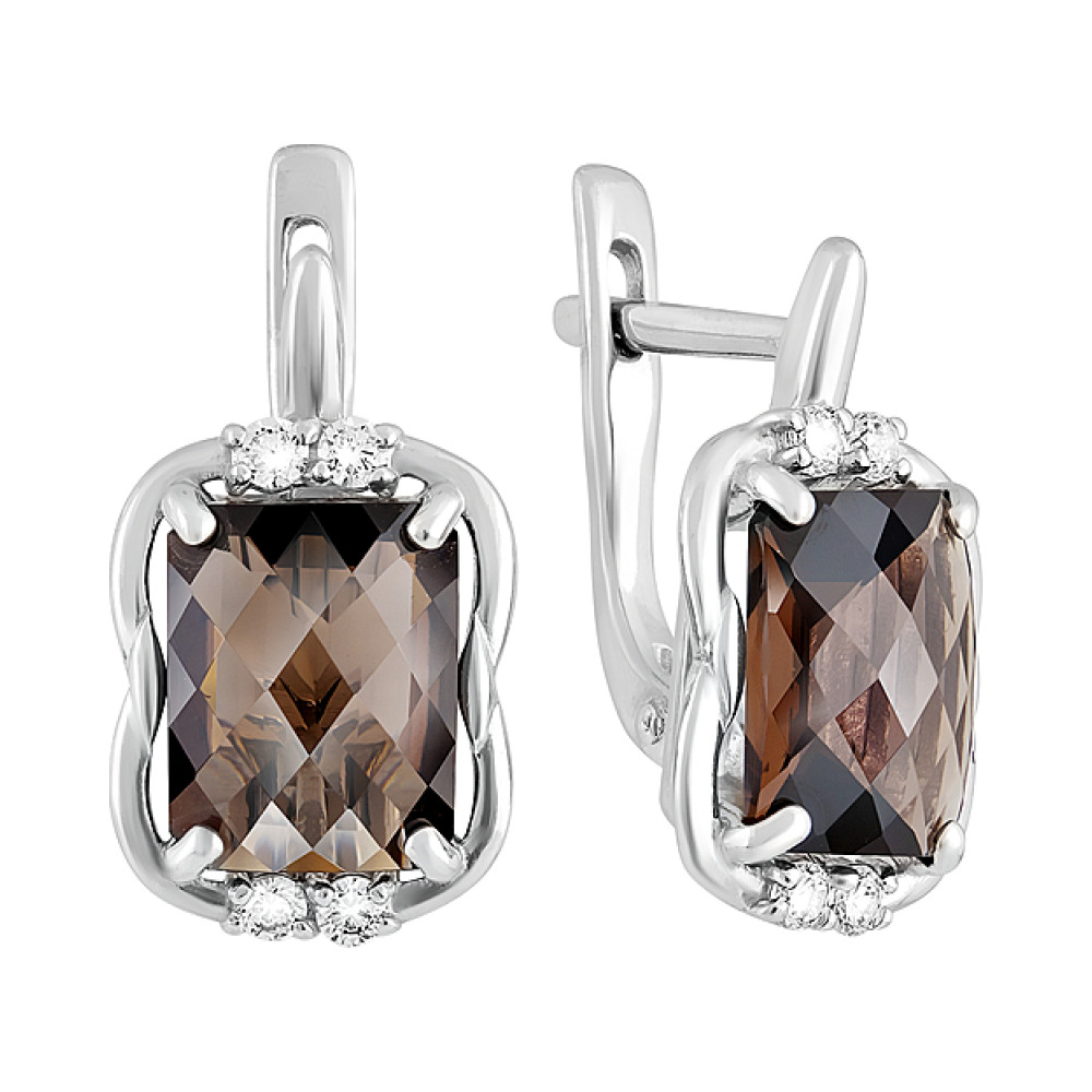 Серебряные серьги с раухтопазом и фианитом № 129837