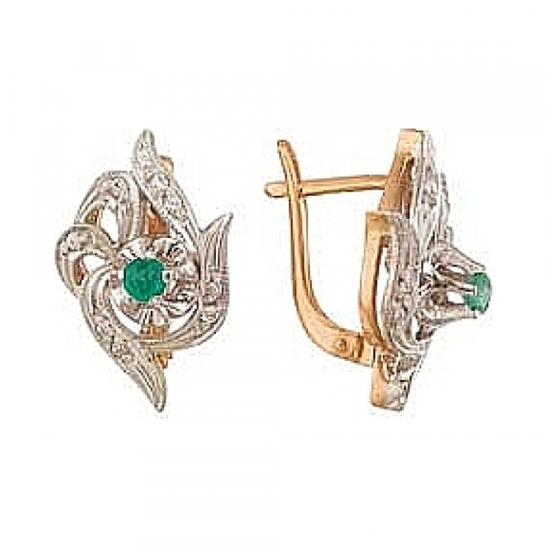 Золотые серьги с бриллиантом и изумрудом № 30143