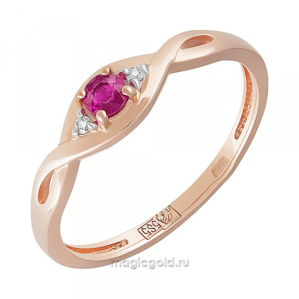 Золотое кольцо с бриллиантом и рубином № 160739