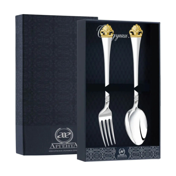 Набор столовый Афина с позолотой: ложка столовая; вилка столовая в футляре из серебра 925 пробы