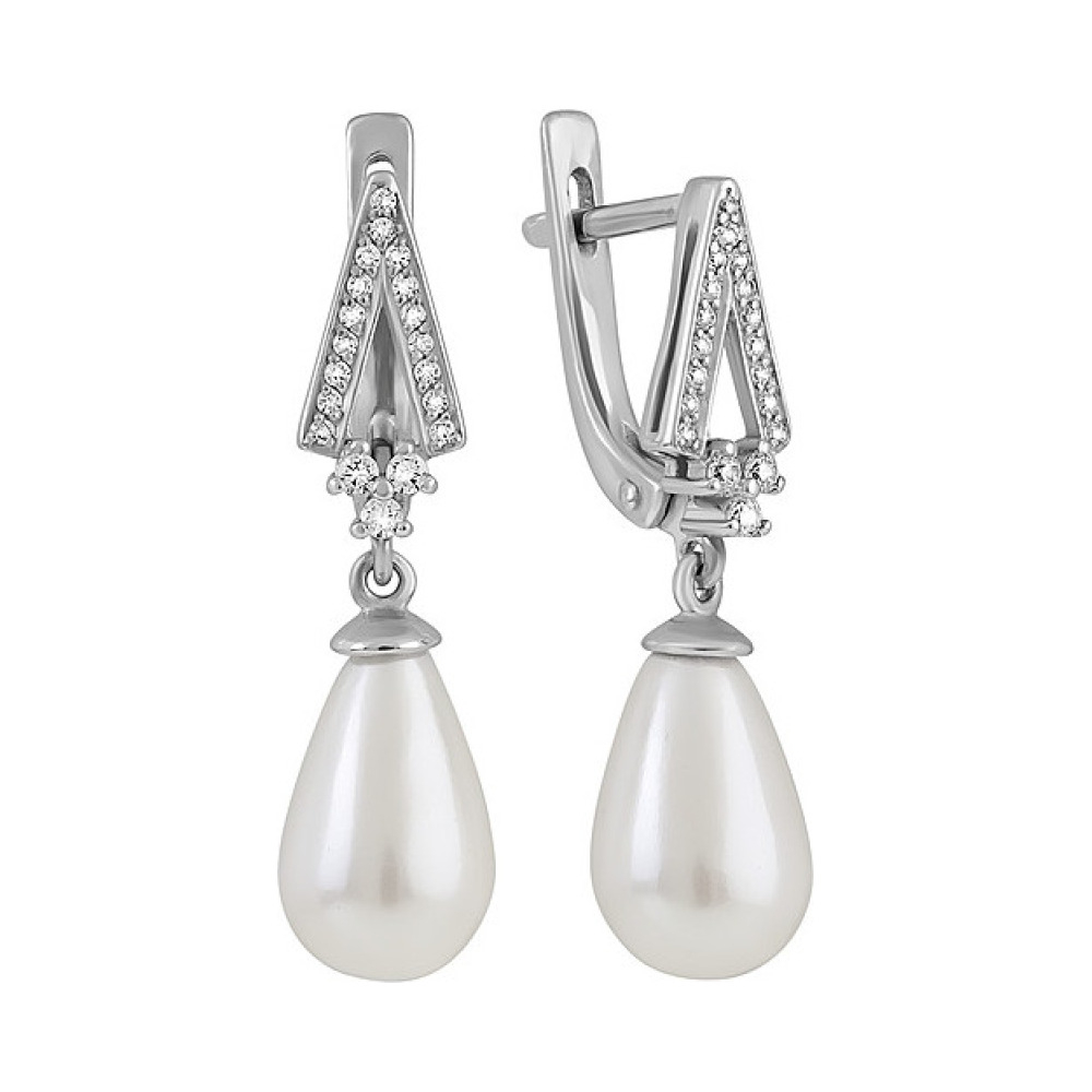 Серебряные серьги с перламутровым жемчугом и фианитом № 134598