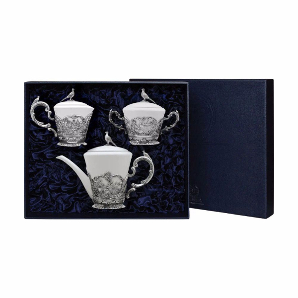 Набор Королевская охота: сахарница, сливочник, чайник из серебра 925 пробы