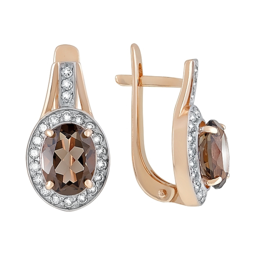 Золотые серьги с раухтопазом и фианитом № 120203