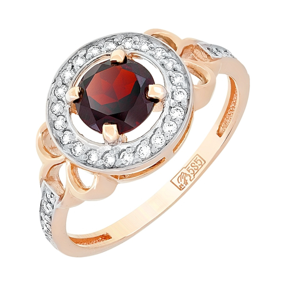 Золотое кольцо с гранатом и фианитом № 117581