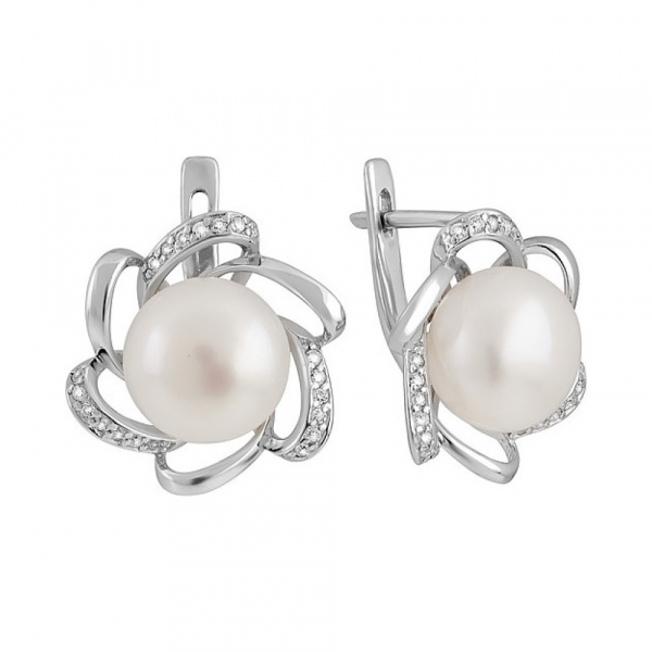 Серебряные серьги с жемчугом и фианитом № 131552