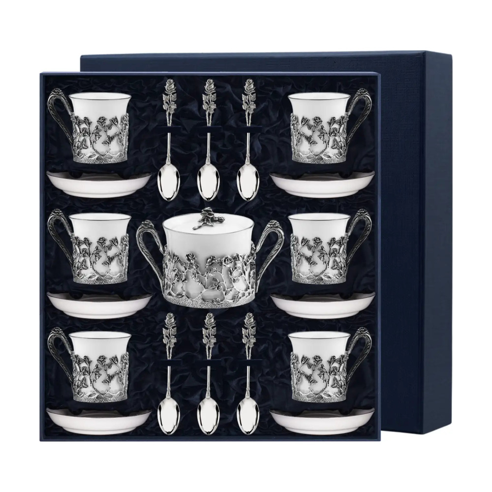 Набор Роза: блюдце, ложка, чашка, сахарница из серебра 925 пробы - 19 предметов