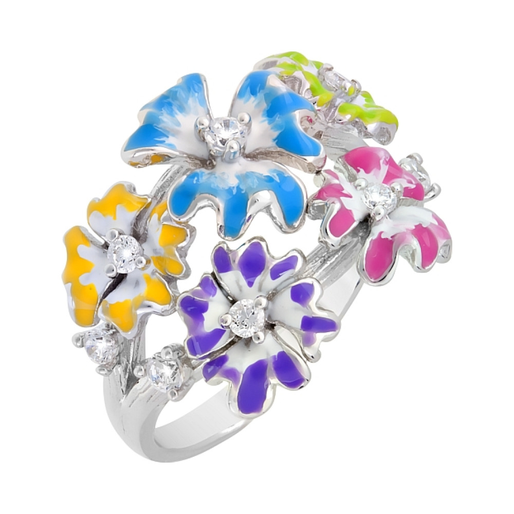 Серебряное кольцо с фианитом и эмалью № 106298