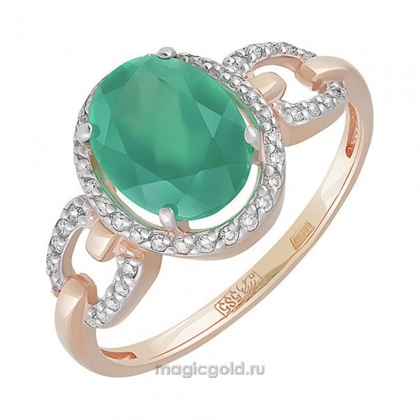 Золотое кольцо с зелёным ониксом и фианитом № 133057