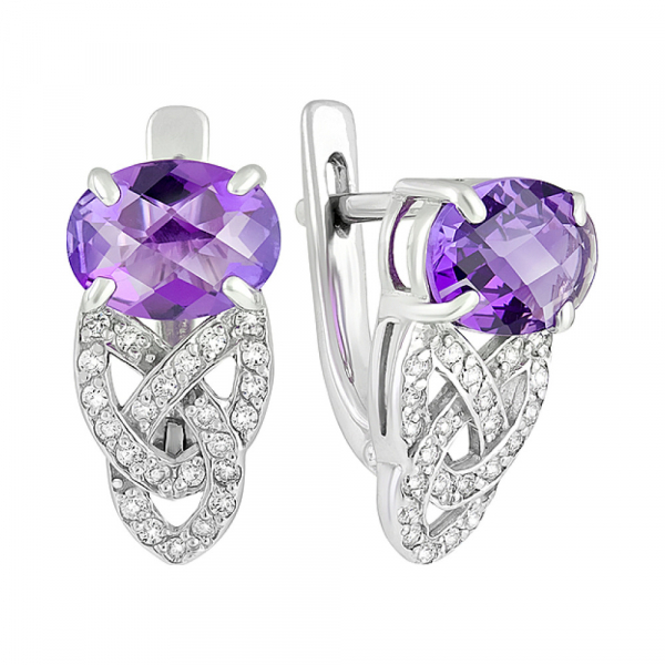 Серебряные серьги с аметистом и фианитом № 129760