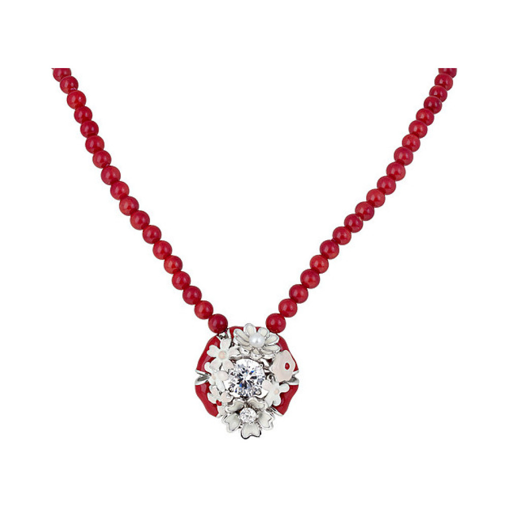 Ожерелье с кораллом, фианитом и эмалью  № 133844