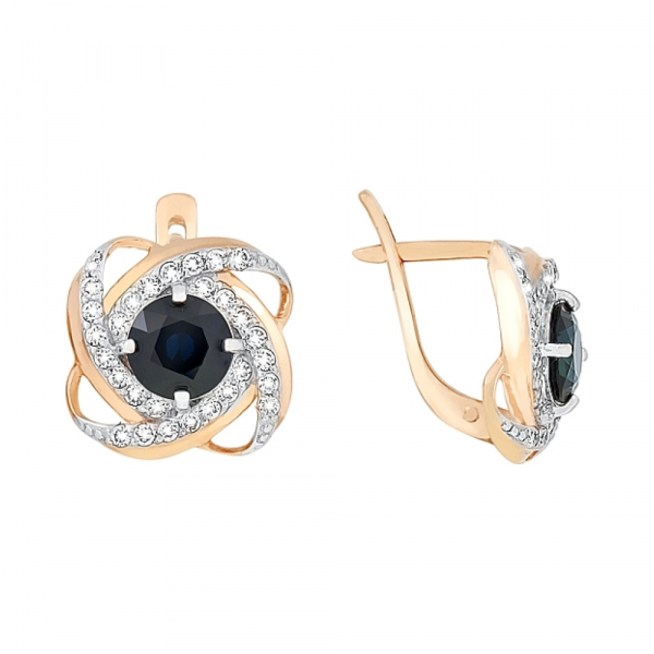 Золотые серьги с чер. сапфиром и фианитом № 83892