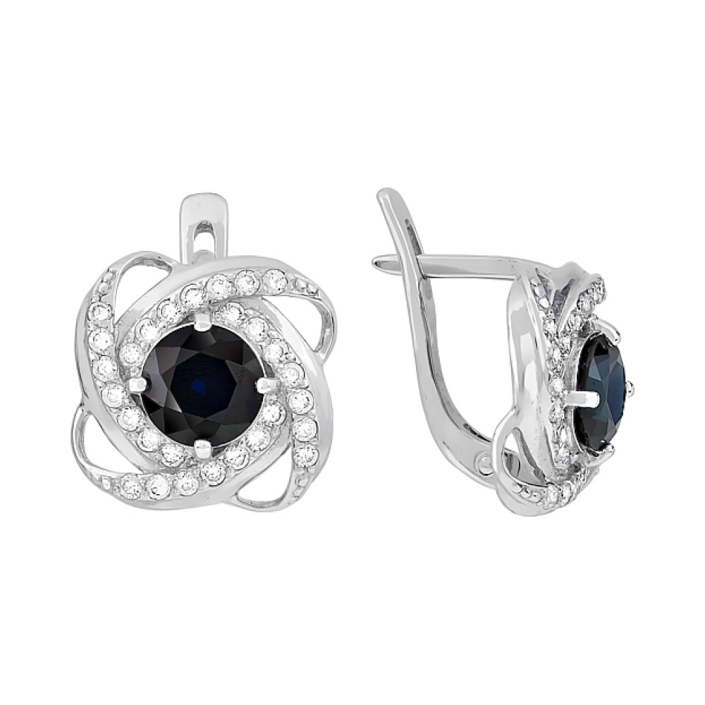 Золотые серьги с чер. сапфиром и фианитом № 83891