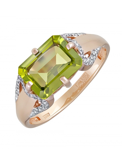 Золотое кольцо с хризолитом и фианитом № 131679