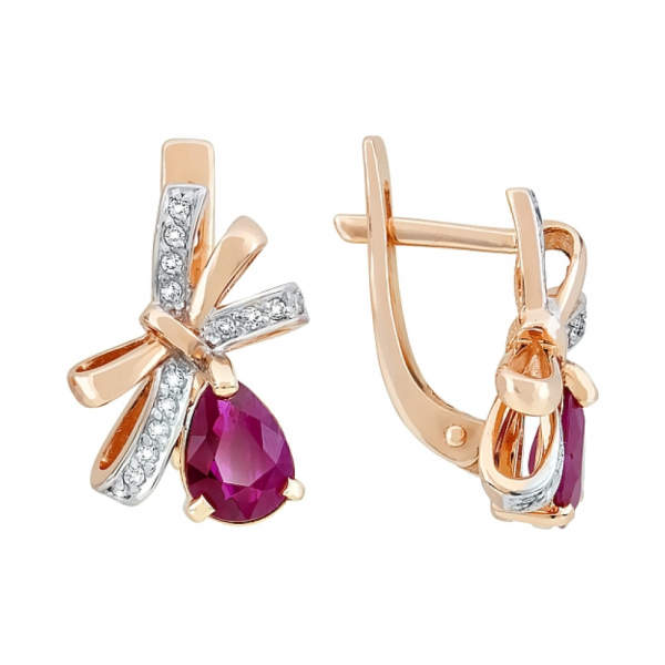 Золотые серьги с бриллиантом и рубином № 113698