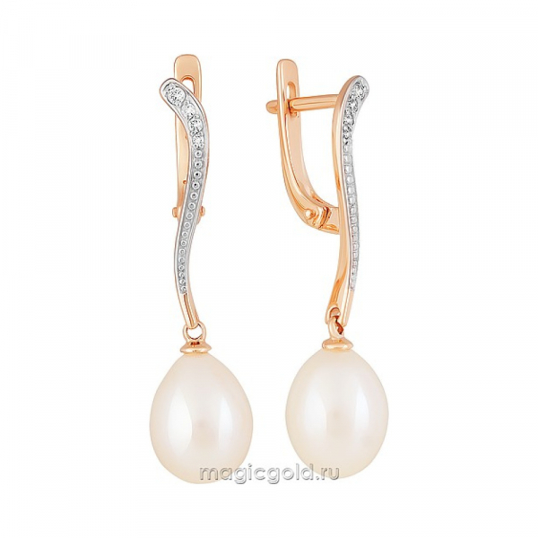 Золотые серьги с жемчугом и фианитом № 159016