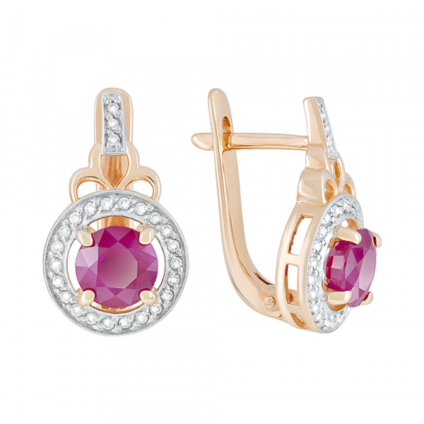 Золотые серьги с бриллиантом и рубином № 118185