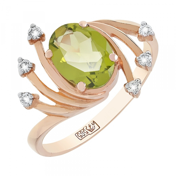 Золотое кольцо с хризолитом и фианитом № 84899