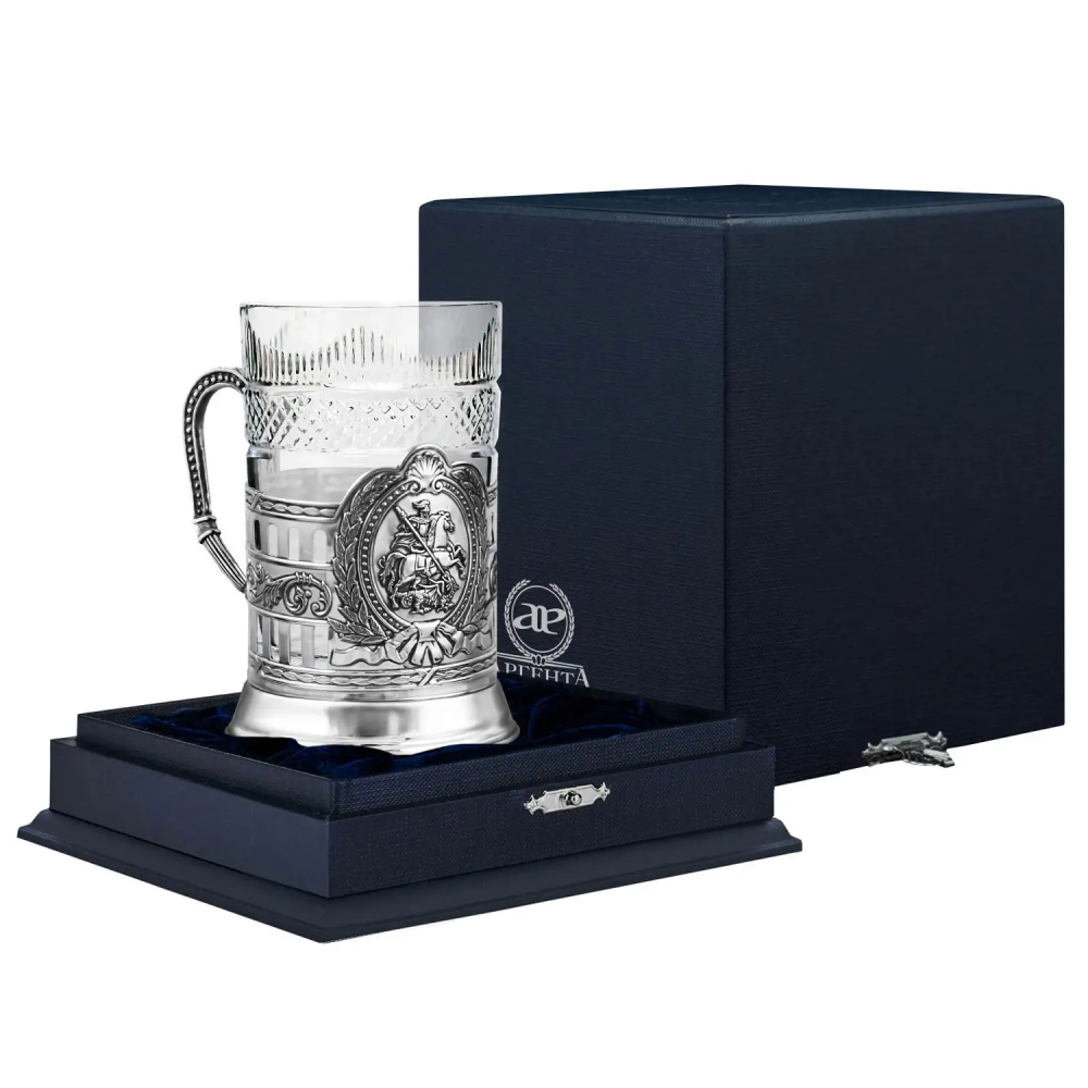 Подстаканник Георгий Победоносец гербовый с чернением в футляре из серебра 925 пробы