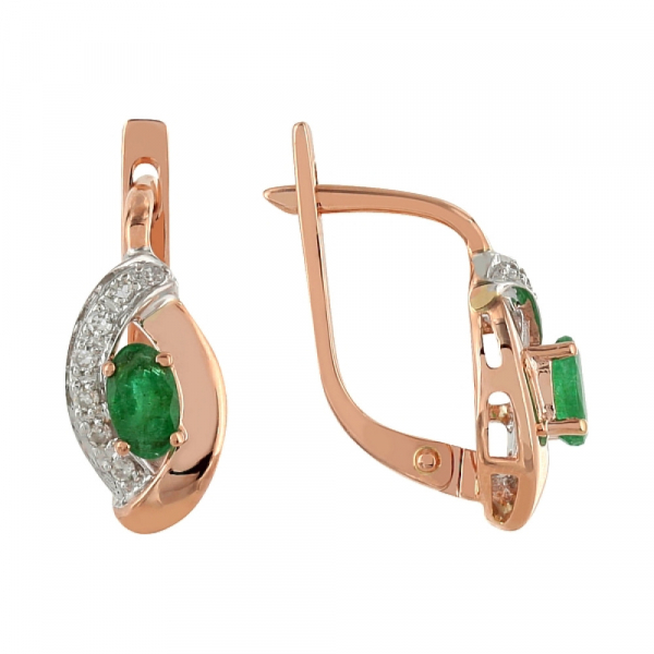 Золотые серьги с бриллиантом и изумрудом № 99124