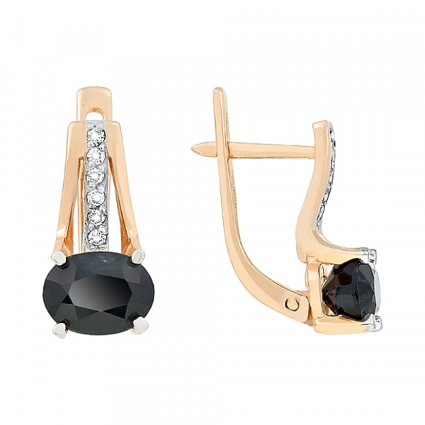 Золотые серьги с бриллиантом и чёрным сапфиром № 83568
