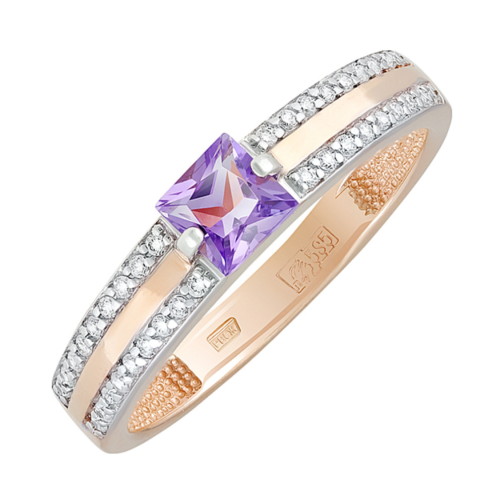 Золотое кольцо с аметистом и фианитом № 128692