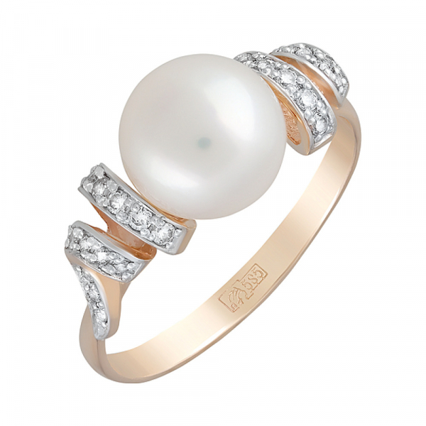Золотое кольцо с жемчугом и фианитом № 124129