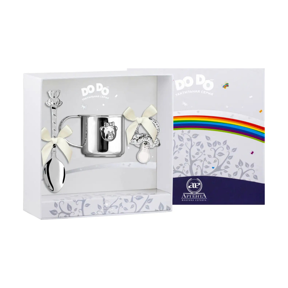 Набор для малышей DODO Мишка - малышка: ложка, сувенир-пустышка, кружка с позолотой и с эмаль