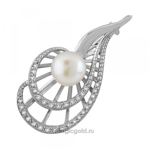 Серебряная брошь с жемчугом и фианитом № 137760