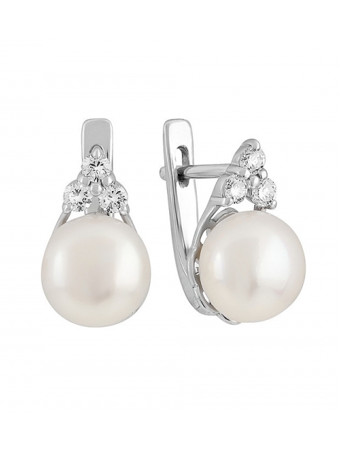 Серебряные серьги с жемчугом и фианитом № 131561